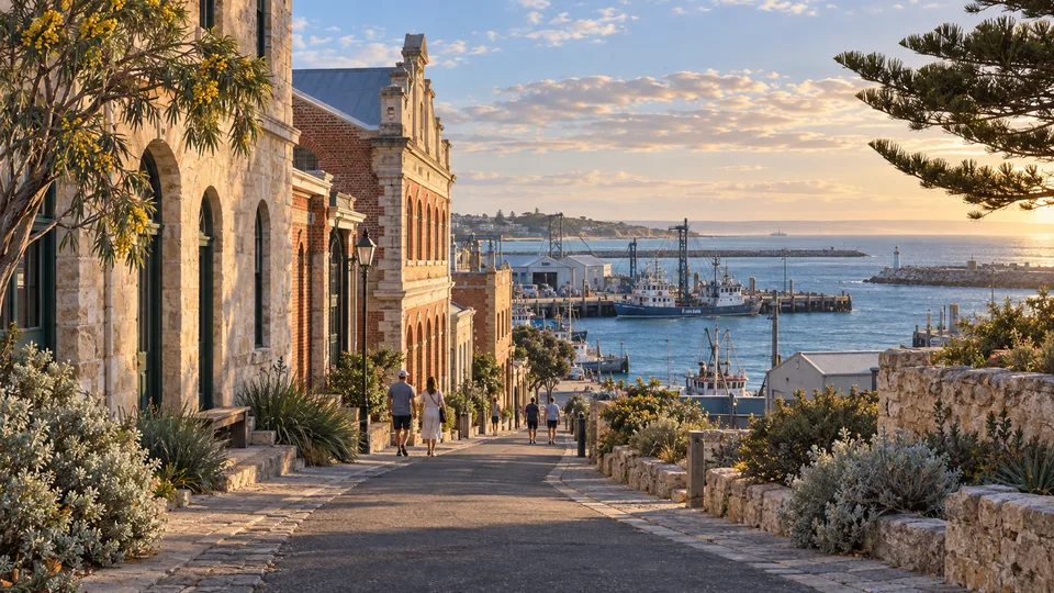 AI-generated editorial illustration of limestone and brick heritage buildings on a Fremantle and Walyalup street leading to a working harbour at sunset; not a documentary photograph.